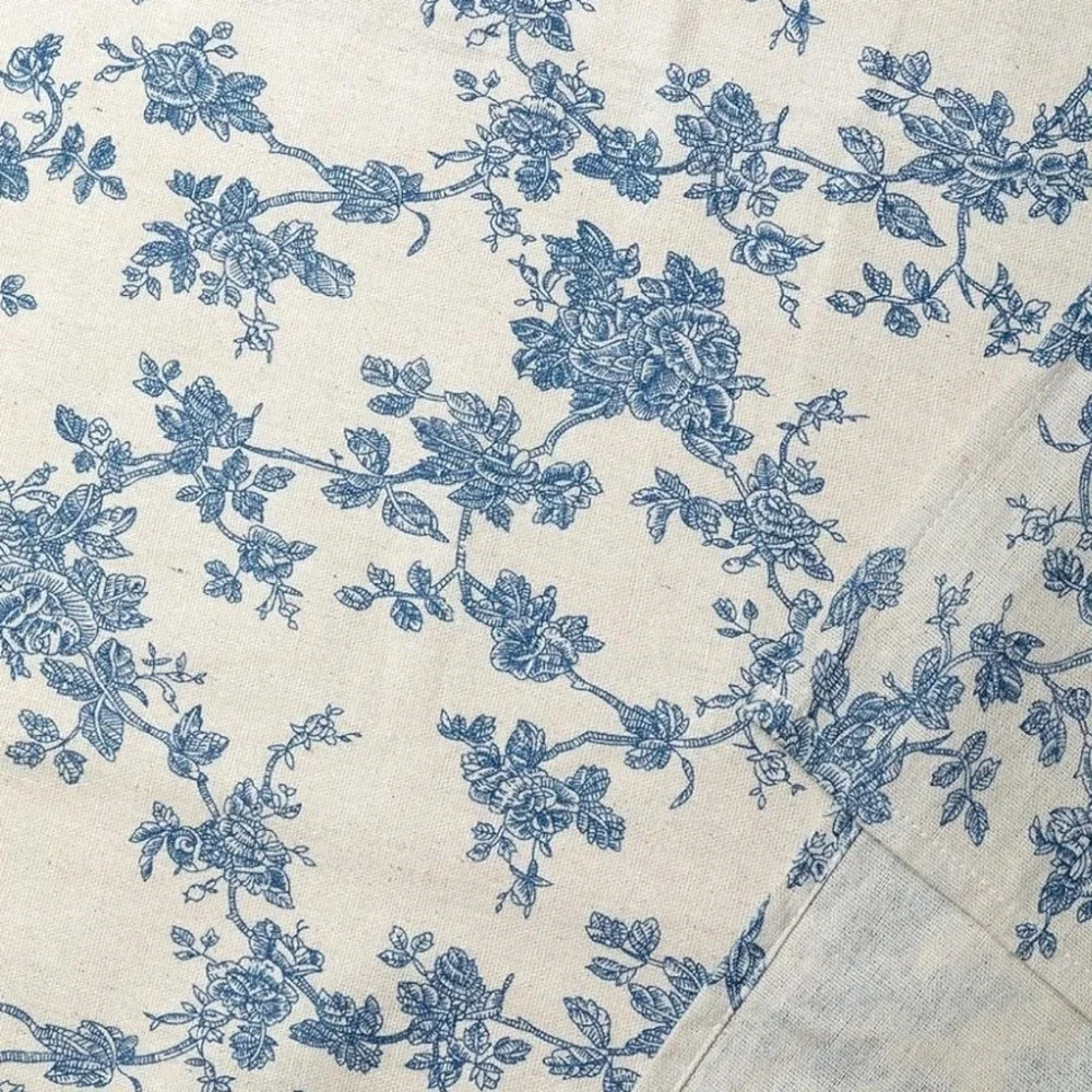 Blue Floral Toile Round Tablecloth Linen Blend French Country Farmhouse Decor